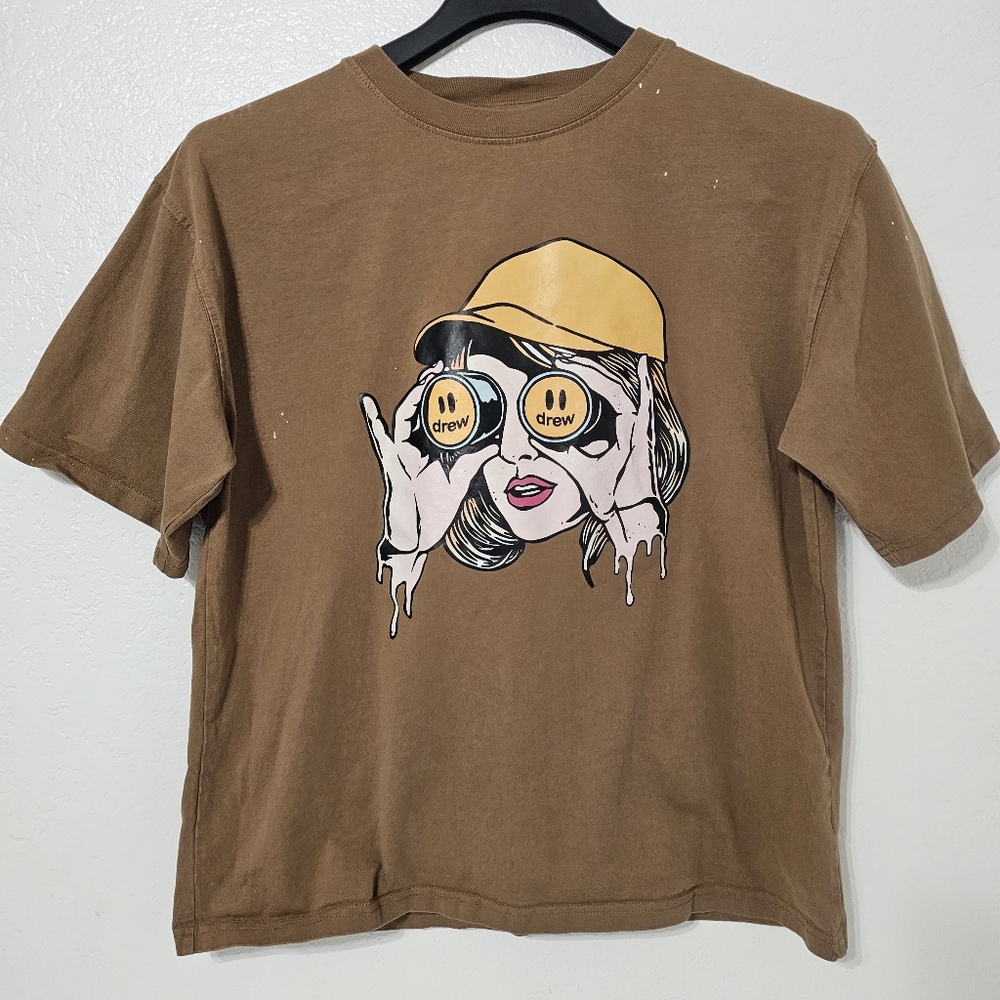 Drew House Brown Graphic Tee Smiley Face Logo Streetwear Justin Bieber Medium